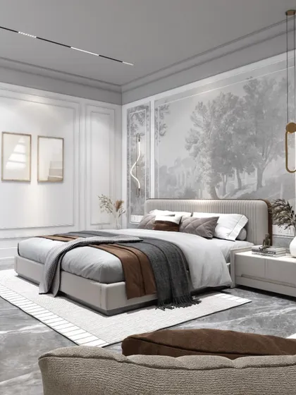 A render of a luxurious bedroom retreat featuring a stunning grayscale tree mural behind the bed. Classic wall paneling and modern pendant lights create a sophisticated and dreamy atmosphere.
