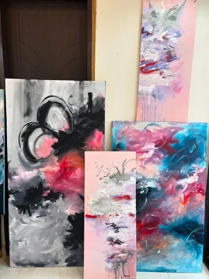 A collection of my recent abstract works in the studio. It shows the variety of color palettes and compositions I can work with, from moody and dark to bright and playful.