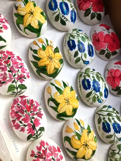 A full set of my hand-painted marzipan Easter eggs, showcasing a variety of floral designs. These are a unique and artistic treat you can learn to make.