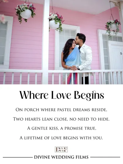 "Where Love Begins." A gentle kiss on a pastel-pink porch, this branded image captures a promise of a lifetime of love. It’s a perfect blend of romance and my signature cinematic style.