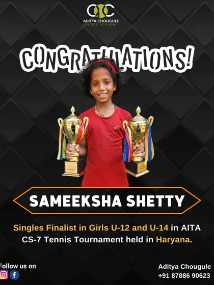 Congratulations to Sameeksha Shetty, a singles finalist in both the Girls U-12 and U-14 categories in the AITA CS-7 Tennis Tournament. A proud moment for our academy.