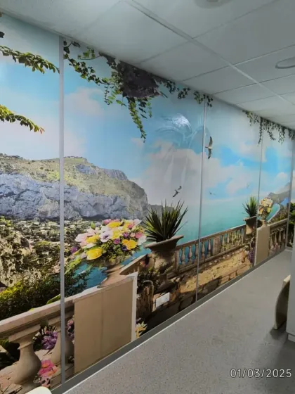 A scenic Mediterranean-style mural installed along a corridor in the medical facility.
