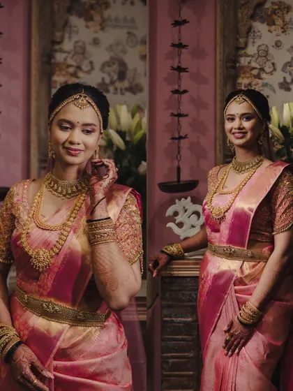 A collage of the bride in her beautiful pink saree, capturing both a candid moment and a poised portrait.