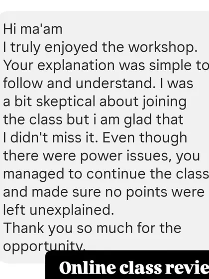 An online class review from a student who appreciated my simple explanations and dedication, even when we had power issues.