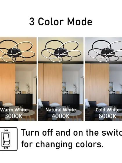 The floral LED ceiling light is shown here with its three color modes, offering flexibility for any space.