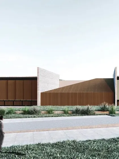 A concept for a winery in Maharashtra, featuring long, low-slung volumes with textured facades. The design uses brise-soleil elements to screen the sun, creating a building that is responsive to its climate while maintaining a strong, minimalist form.