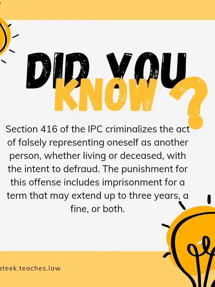 This "Did You Know?" graphic summarizes the legal consequences of impersonation under Section 416 of the IPC. It presents the potential punishment in an easily digestible format for quick legal awareness.