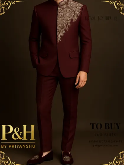 A full-length view of the wine maroon Jodhpuri, showing its impeccable fit and the luxurious sheen of the fabric.