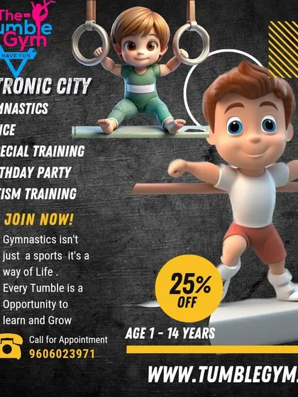 An overview of the programs offered at our Electronic City location. We provide gymnastics, dance, special training, birthday parties, and autism training for kids aged 1 to 14.