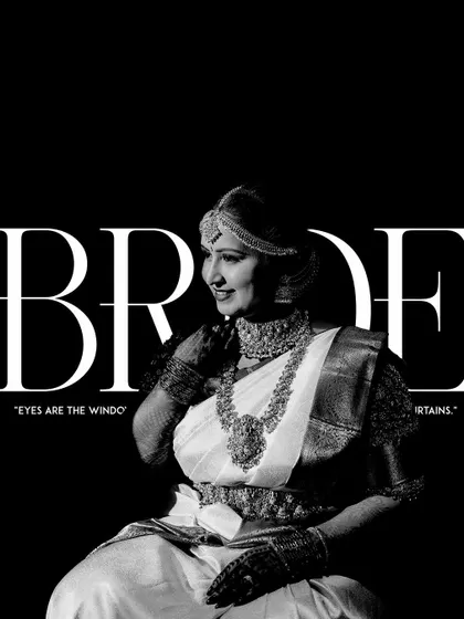 A bold and stylish black and white portrait with "BRIDE" in large text, creating a magazine-cover feel that celebrates her as the star of the day.