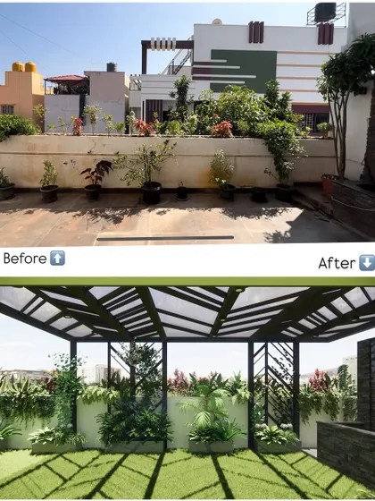 From a few scattered pots to a fully designed green space. Our concept for this terrace introduces structured planters and a dramatic pergola to create a cohesive and inviting outdoor room.