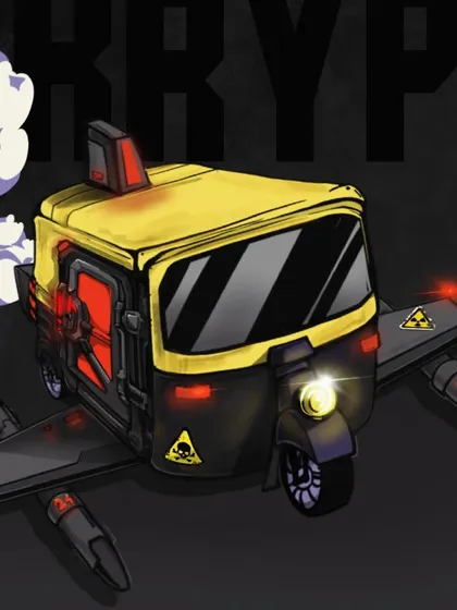 The clean illustration of the 'Krypt Mobile' character, an Indian auto-rickshaw reimagined as a sci-fi vehicle. This is the kind of unique character design I can create for T-shirts or other brand merchandise.