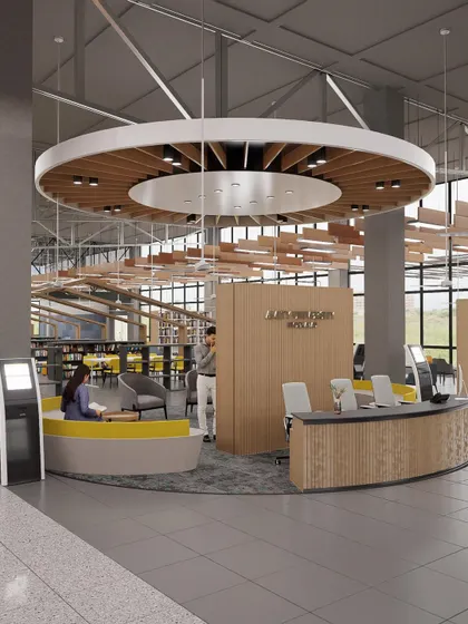 This render for the library at Amity University, Hyderabad, showcases our vision for modern libraries. We design them as comprehensive spaces for learning with flexible layouts, double-height glazing, and a mix of instructional, collaborative, and private zones to suit diverse needs.