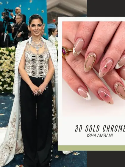 This set, inspired by Isha Ambani at the Met Gala, features stunning 3D gold chrome details for a look that is pure luxury and high fashion.