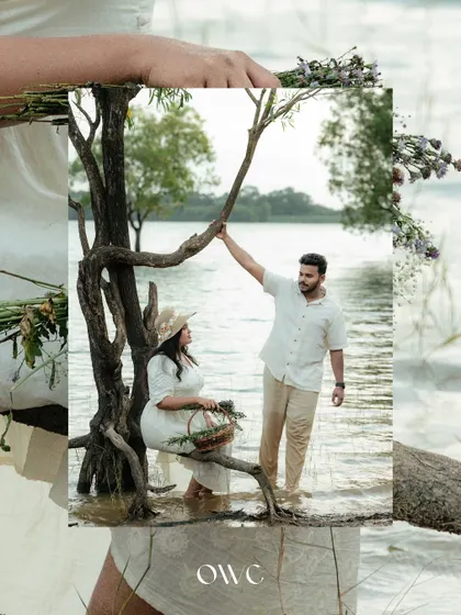 An artistic composition from a lakeside pre-wedding shoot, framing the couple within the natural elements around them.
