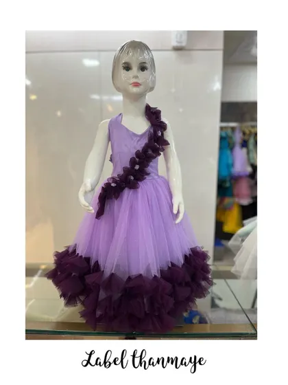 Another look at the lavender and wine flower gown, showing the one-shoulder design.