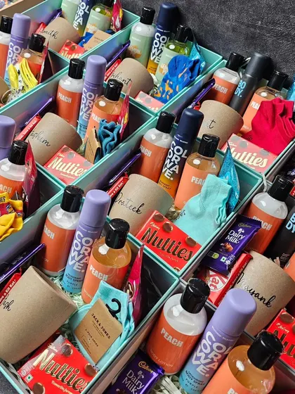 A colorful and vibrant collection of bridesmaid and groomsmen hampers ready to go. We can create a large number of personalized gifts, ensuring everyone in your wedding party feels included and celebrated.