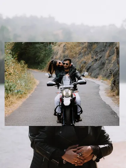 A fun and adventurous shot of the couple riding a motorcycle on a winding road, perfect for a destination pre-wedding story.