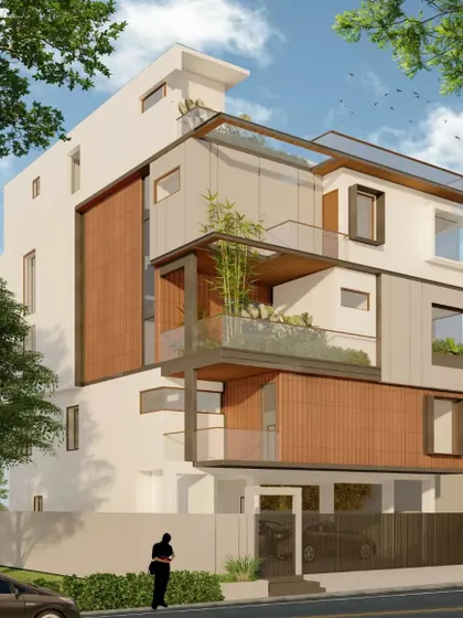 An alternate angle of the same contemporary design, showing how we use C-sections and metal chajjas to add detail and break the monotony of the facade.