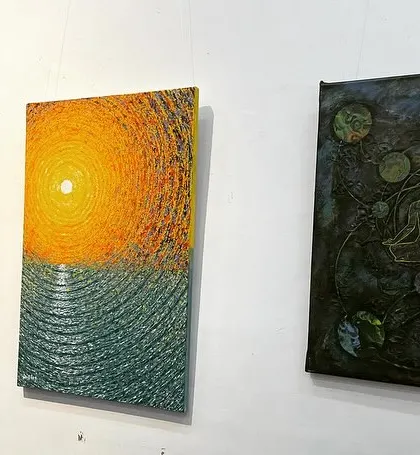 My paintings on display at Karnataka Chitrakala Parishath for a conference on Music Therapy.