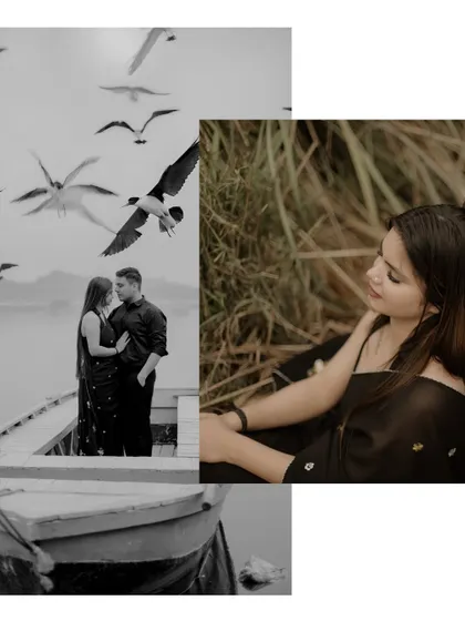 A serene black and white pre-wedding collage featuring a couple by the water with birds in flight. These photos evoke a sense of peace, freedom, and natural romance.