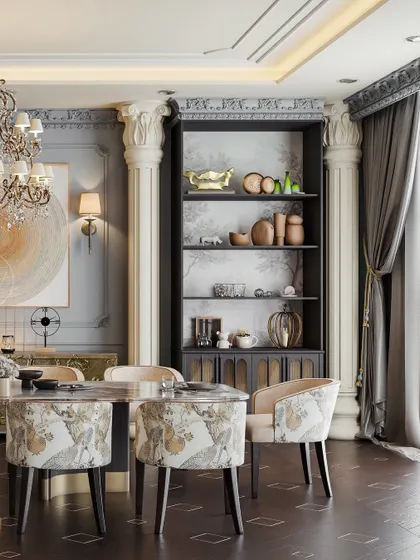 A dining room that blends classical and contemporary elements, with ornate columns and a modern shelving unit. The chairs, with their delicate print, add a touch of softness.
