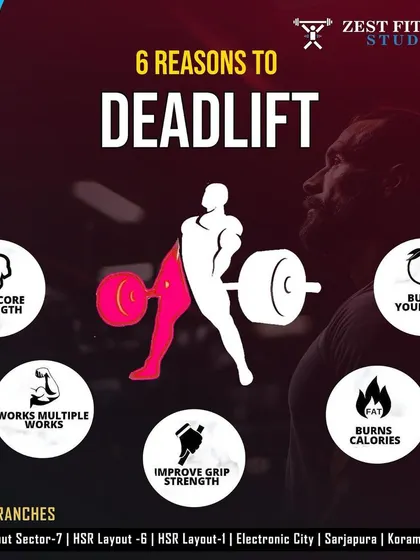 An infographic explaining the top 6 reasons to deadlift. This compound exercise builds core and grip strength, works multiple muscles, and is a powerful tool for burning calories.