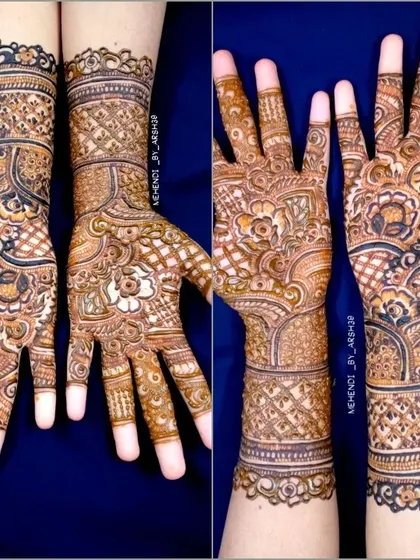 This design features a unique combination of Arabic and Indian styles, with bold lines and delicate, intricate fillers. The white floral motif in the center is a special touch.