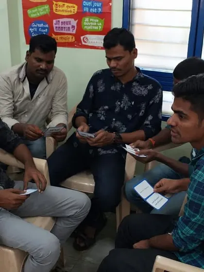 An interactive card game session with our students at RDT Anantapur. These activities are designed to improve conversational skills in German and French.