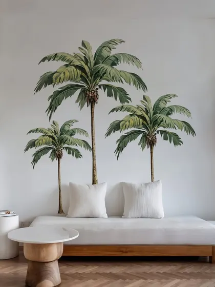 This living room corner becomes a tropical oasis with our Island Palm Tree stickers. The design adds a touch of nature and relaxation to the space.