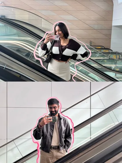 An escalator selfie collage, with pink outlines to highlight us as the main characters.