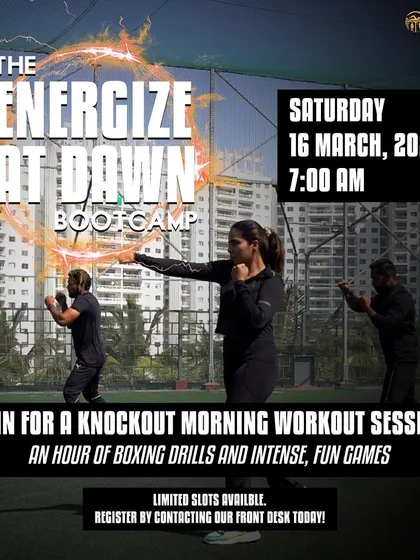 The official poster for the 'Energize at Dawn' bootcamp, inviting members to a knockout morning workout session.