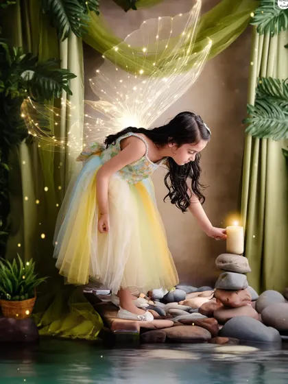 This little fairy lights a candle by the water's edge, a beautiful and story-like moment from a themed session.