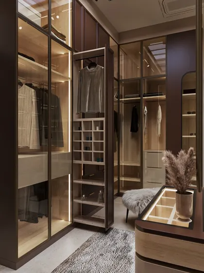 This view highlights the clever storage solutions, including a pull-out unit, seamlessly integrated into the luxurious design.
