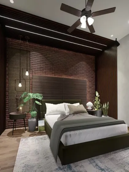 A design concept for a guest room with an industrial-chic feel. I've used an exposed brick accent wall, dark wood paneling, and minimalist pendant lighting to create a space that is both stylish and comfortable for visitors.