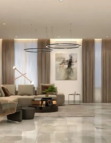 This living room visualization for a doctor couple features extensive wood paneling to add warmth and texture. The design is elevated by contemporary circular pendant lights and sleek floor lamps that create layers of ambient lighting.