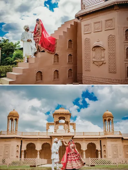 This collage showcases the grandeur of the wedding venue. The couple is pictured on the steps and dancing in front of the palace-like building, creating a sense of scale and royalty.