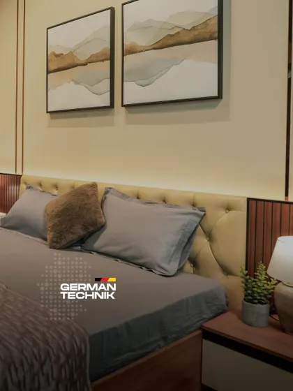 My interiors are powered by German Technik, ensuring precision, durability, and quality in every detail. This bedroom design reflects a space that is both beautiful and built to last.