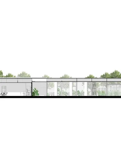 A sectional drawing of the Soul Spring experience center. This technical illustration reveals the building's structure and its relationship with the surrounding landscape, showing how we integrate trees and greenery at every level.