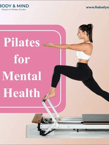 This image introduces the topic of Pilates for mental health. The practice is designed to sharpen mental faculties, reduce stress, and improve mood through mindful movement and breathwork.