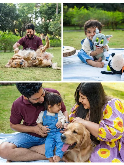 A collage of playful and loving moments from a first birthday shoot, highlighting the bond between the baby, parents, and their Golden Retriever.