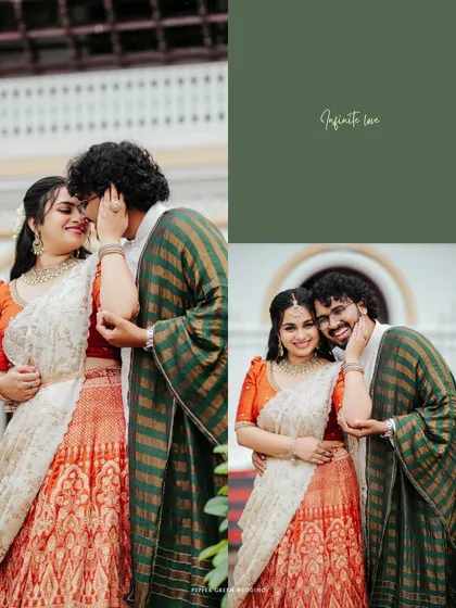 A romantic collage of the engaged couple, capturing their infinite love through tender glances and happy smiles.