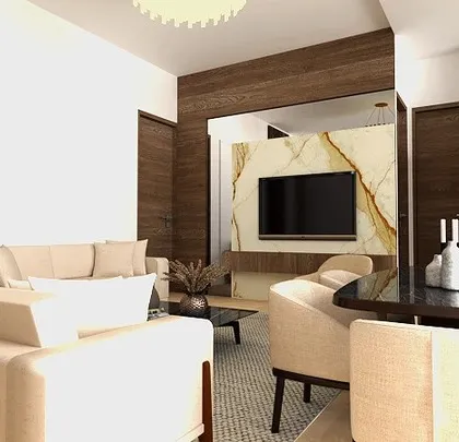 A 3D render of a luxurious open-plan living and dining room. The design uses a rich palette of dark wood, black marble, and cream upholstery to create a sophisticated and high-end look.