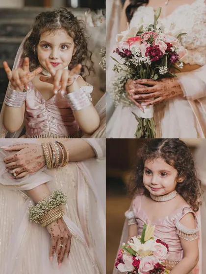 A collage of details from the engagement, featuring the adorable flower girl and close-ups of the bride's floral bracelets and bouquet.