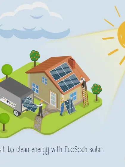 An illustration showing the transition to clean energy with EcoSoch. Our team arrives to install a complete solar solution, empowering your home with the brilliance of the sun.