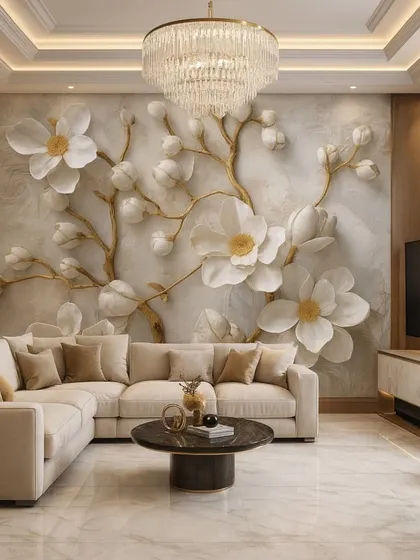 An elegant living room featuring a 5D wallpaper with white flowers on golden branches. The design adds a touch of nature-inspired luxury and sophistication.