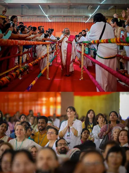 A collage showing me interacting with devotees during the Rishi Homa. These personal moments of connection are as important as the grand rituals themselves.