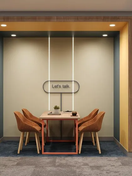 An identical render of the "Let's talk" meeting nook, showcasing the warm lighting and material palette designed to foster open communication.