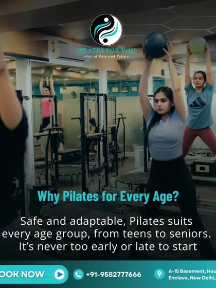 Pilates is safe and adaptable for every age group, from teens to seniors. This graphic emphasizes that it’s never too early or too late to start your journey.