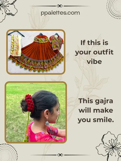 A deep red gajra styled on a hair bun, perfectly matching the tones of a traditional rust-colored lehenga for a cohesive festive look.